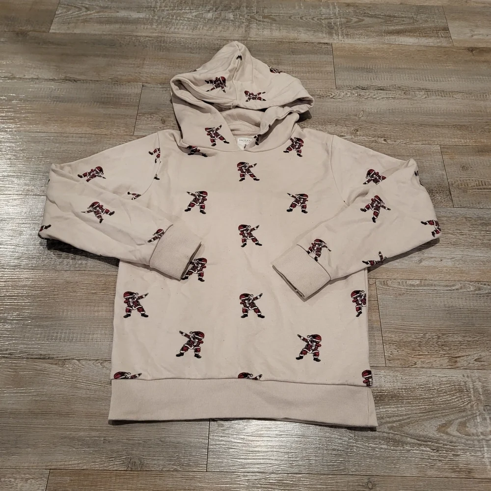 Denim & Flower Pullover Hoodie Tan with Santa Graphics Boys Size Medium